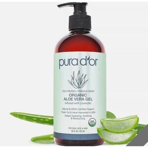 PURA D'OR 16 Oz ORGANIC Aloe Vera Gel - Lavender - All Natural - ZERO Artificial